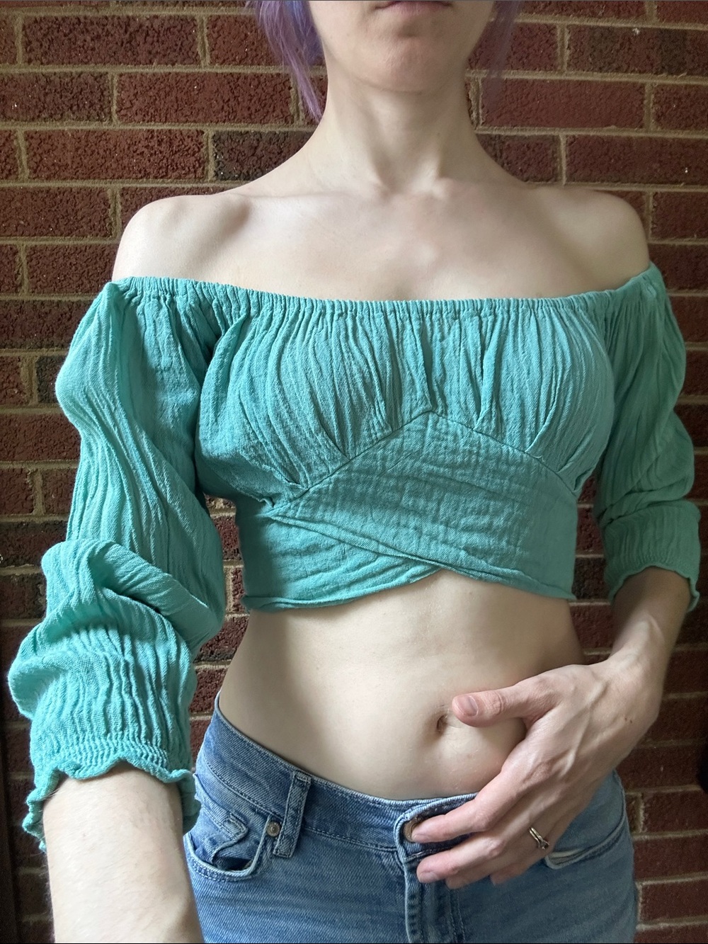 Off-Shoulder Turquoise Crop Peasant Top One Size
